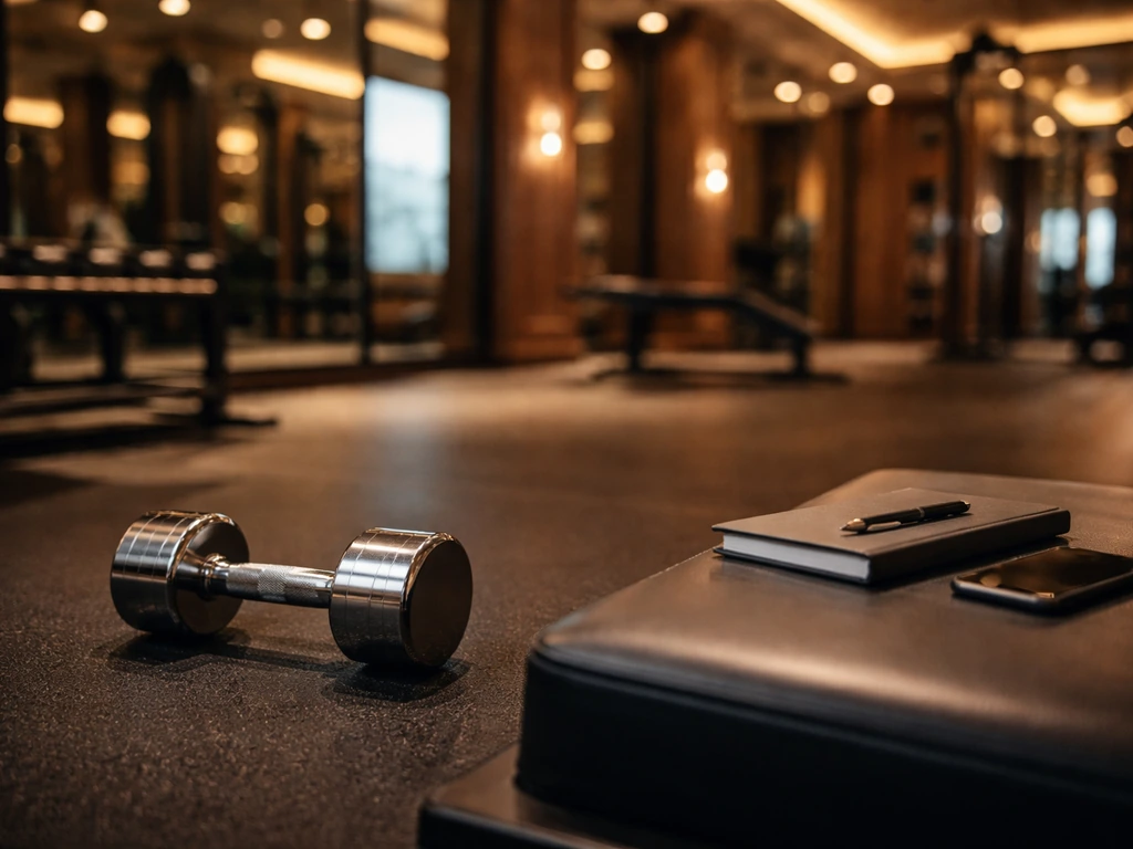 Luxury fitness executive vibe: an upscale gym interior with a cash-like glow and quiet business mood