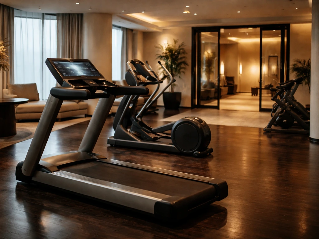 Luxury fitness studio interior with premium cardio equipment and warm ambient lighting