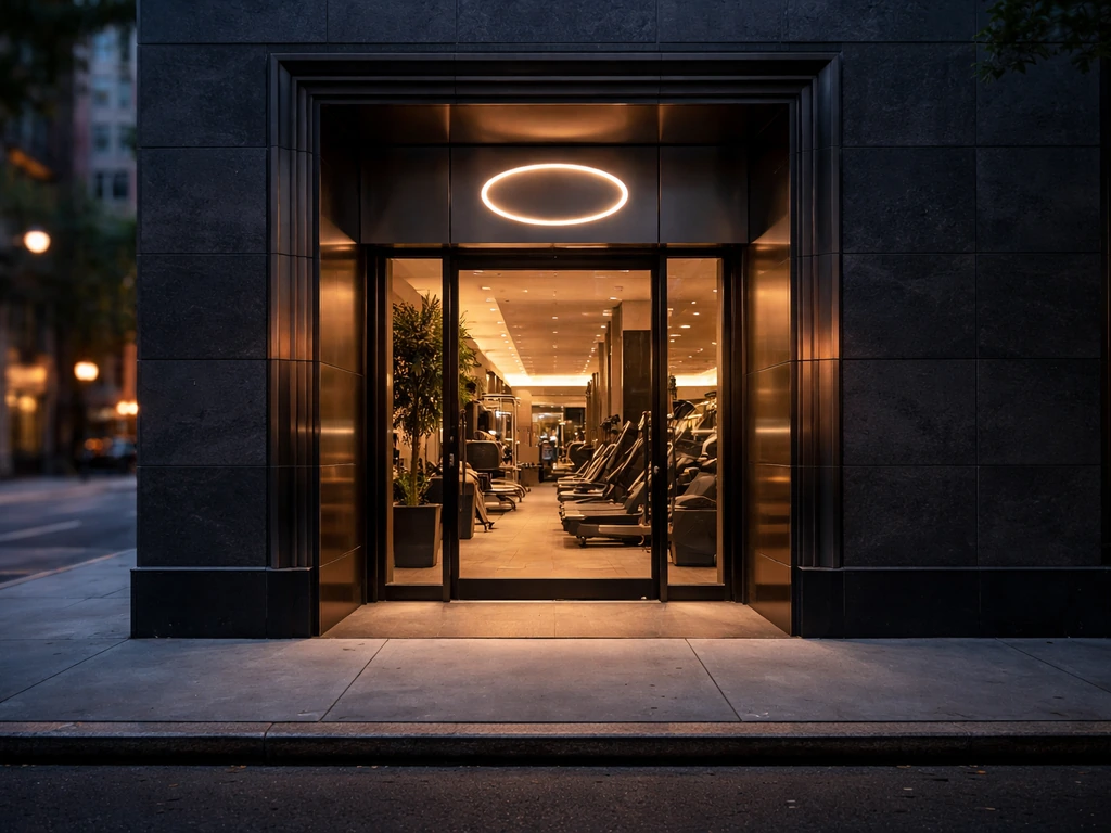 Luxury gym entrance with warm lights and sleek exterior façade in an upscale New York-style setting.