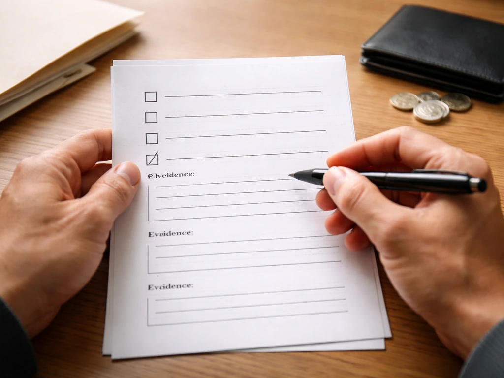 Close-up of hands reviewing a simple evidence checklist on paper for verifying net-worth claims