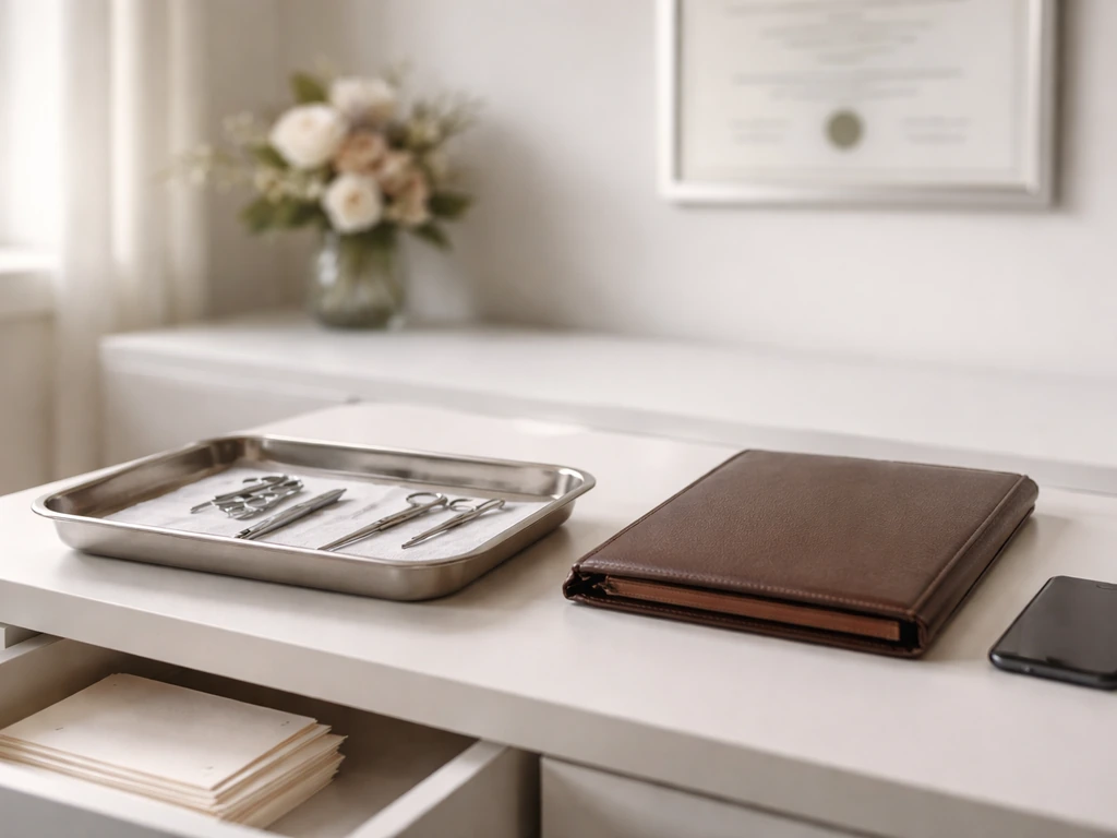 Upscale facial plastic surgery office desk with surgical tray and leather portfolio, symbolic financial envelopes.