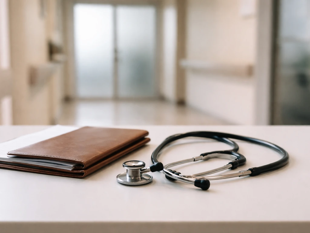 Minimal office scene with a stethoscope and medical folder suggesting a verified clinician profile.