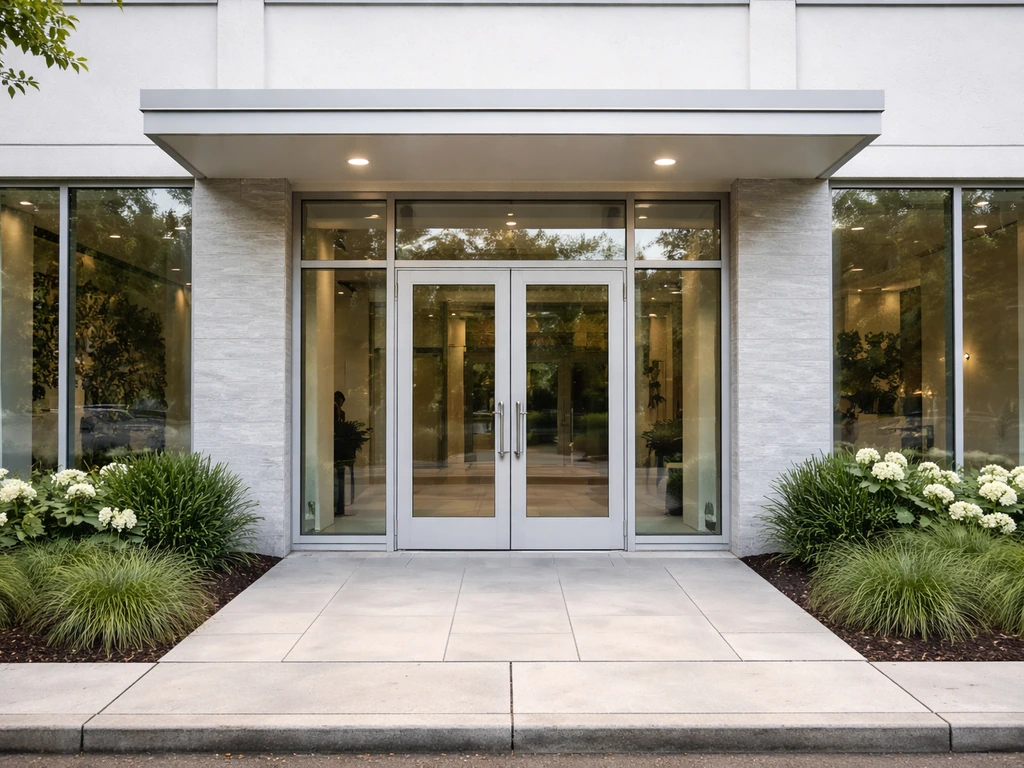 Exterior entry of a modern medical building with glass doors and a covered entrance canopy.