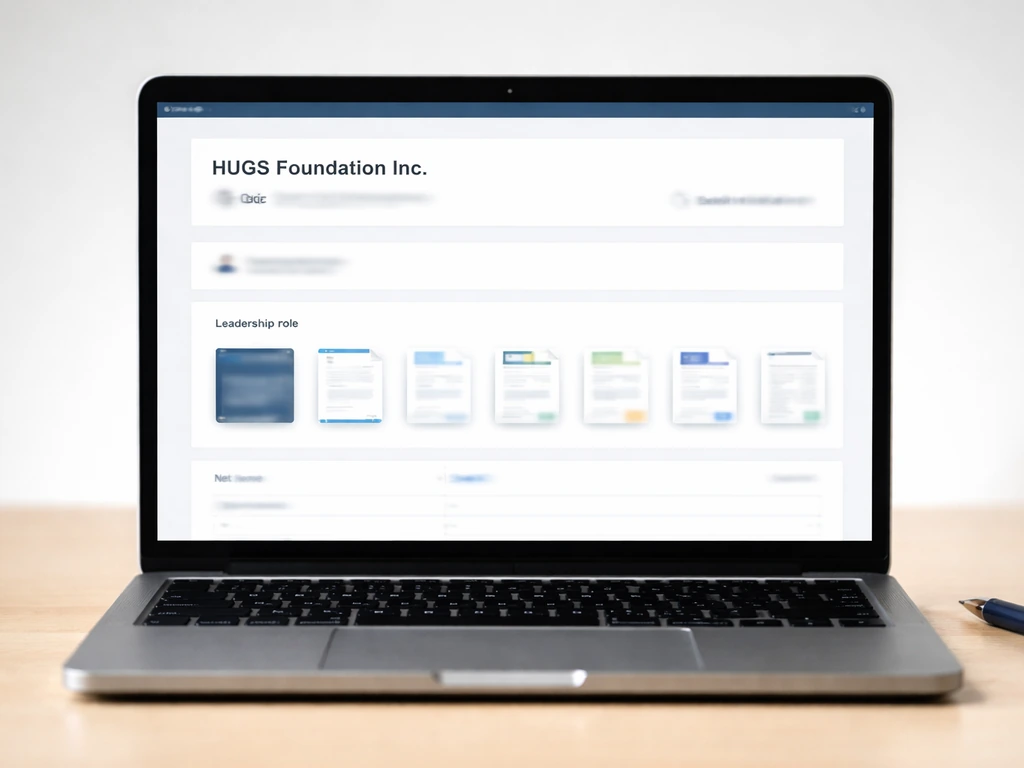 Laptop showing a blurred official nonprofit record page with document thumbnails and $0 net income context.
