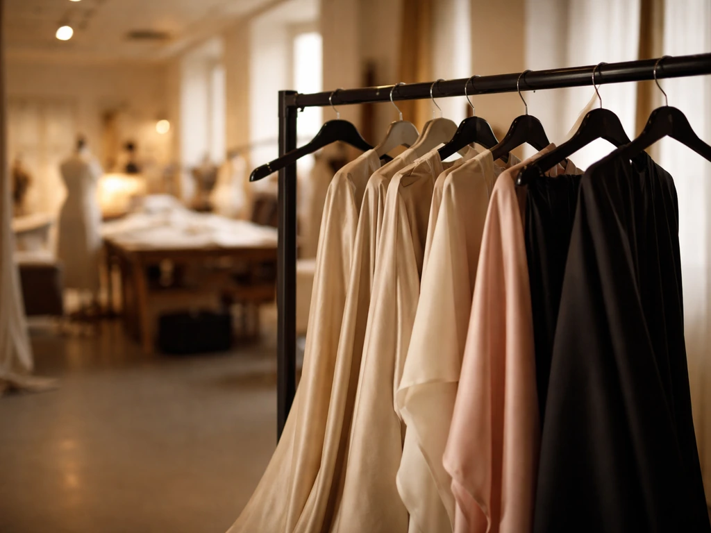 Elegant fashion atelier runway area in Rome with warm lighting and couture garments on racks