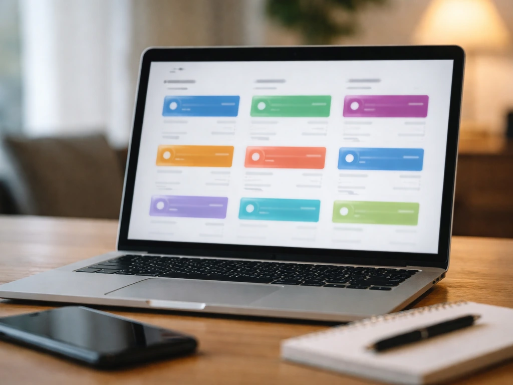Close-up of a laptop with multiple blurred currency and date cards on a desk, symbolizing differing valuation snapshots.