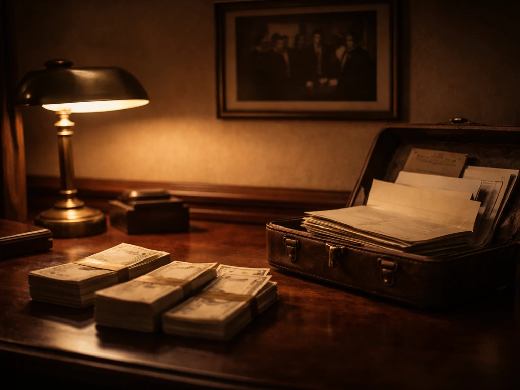 Moody vintage office desk with scattered cash bundles and a framed sepia film still, symbolizing fictional wealth analys