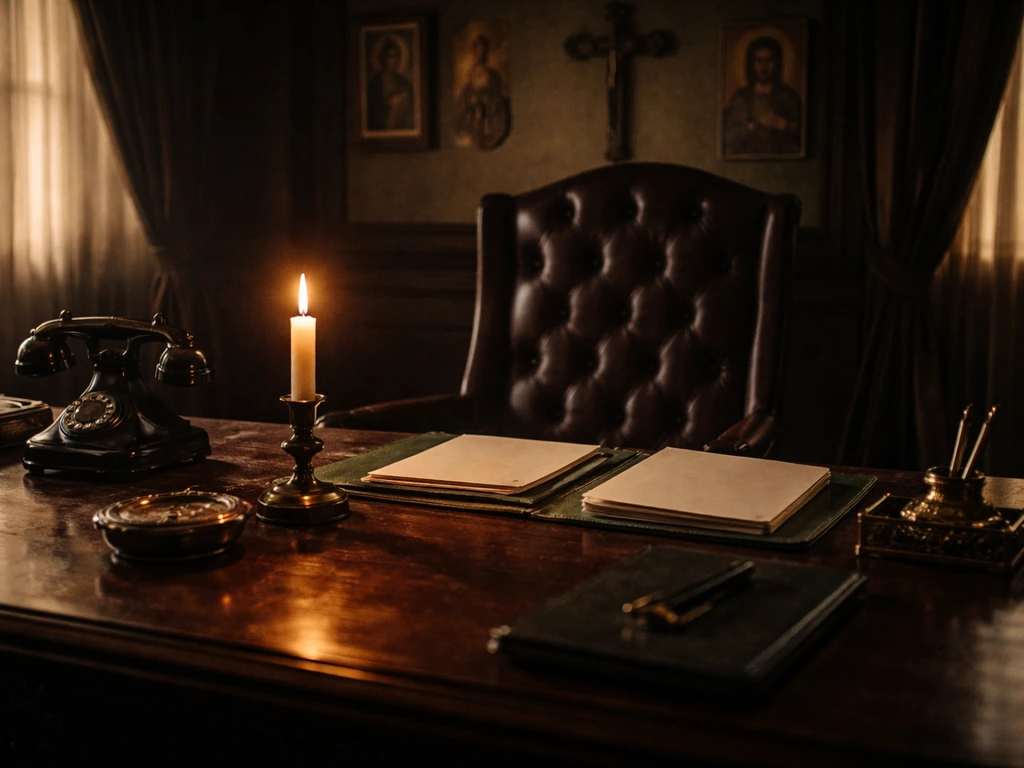 Fictional mafia patriarch office scene with an aged leather desk and candlelit atmosphere