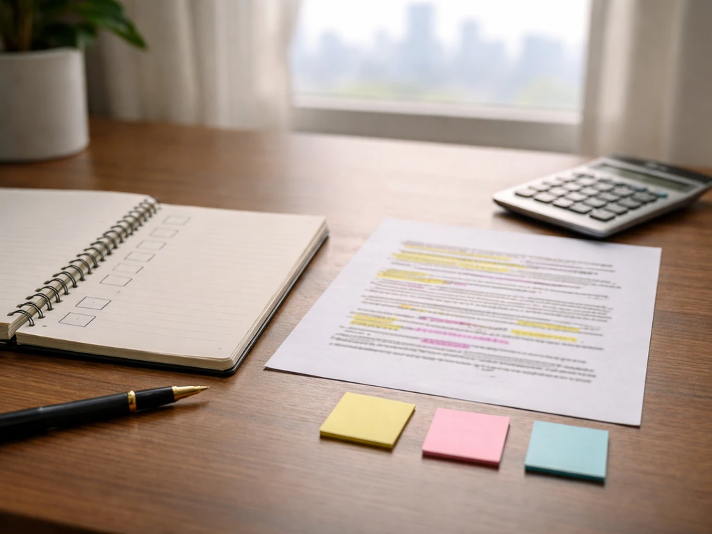 Minimal desk scene with notebook, blank checkboxes, and highlighted pages suggesting an estimate workflow.