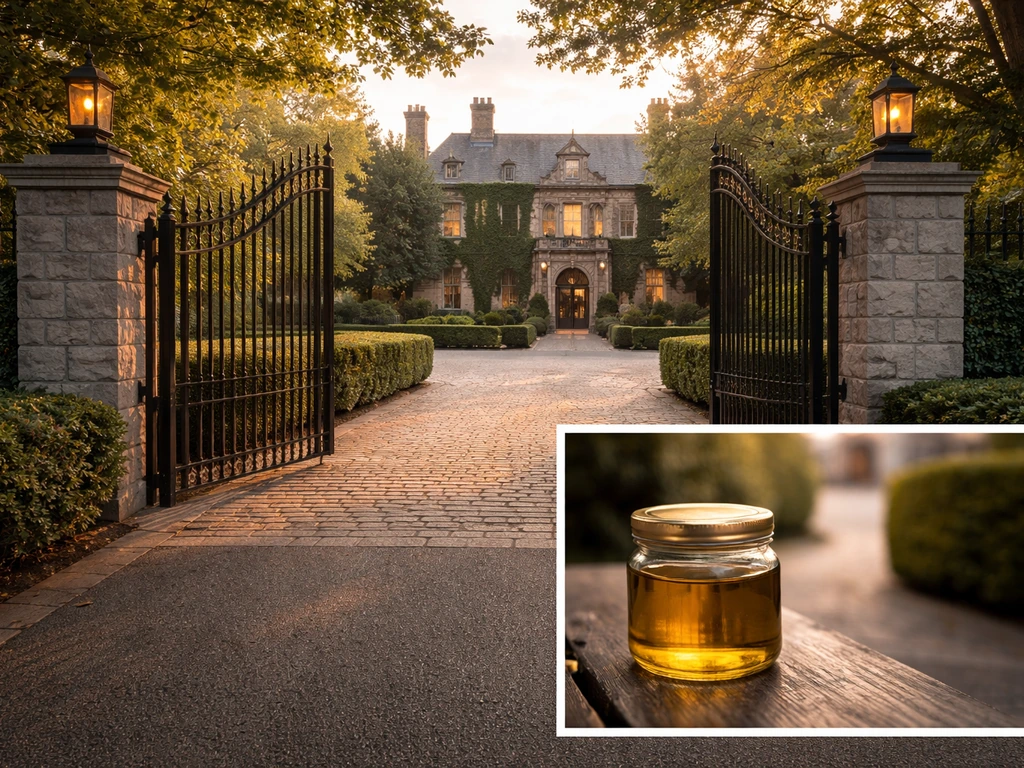 Compound-style New York estate exterior with a small glass jar of olive oil as a business cue.