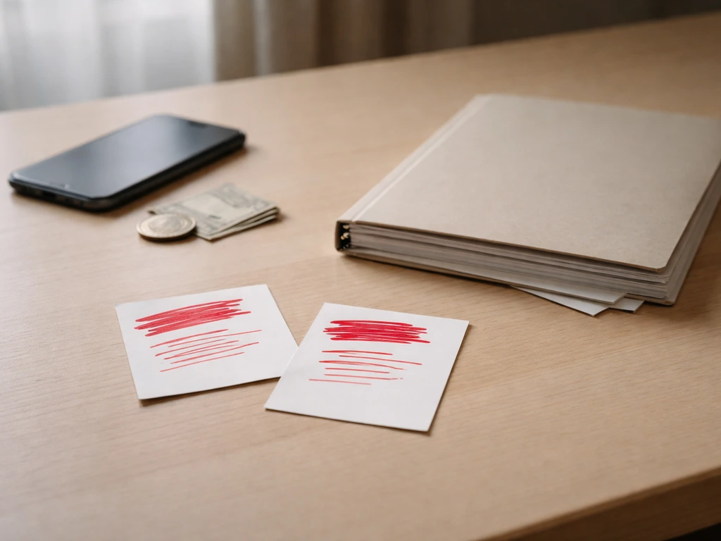 Minimal desk scene with loose red-flag claim cards and a neutral “canon” reference stack for a net-worth debunk.