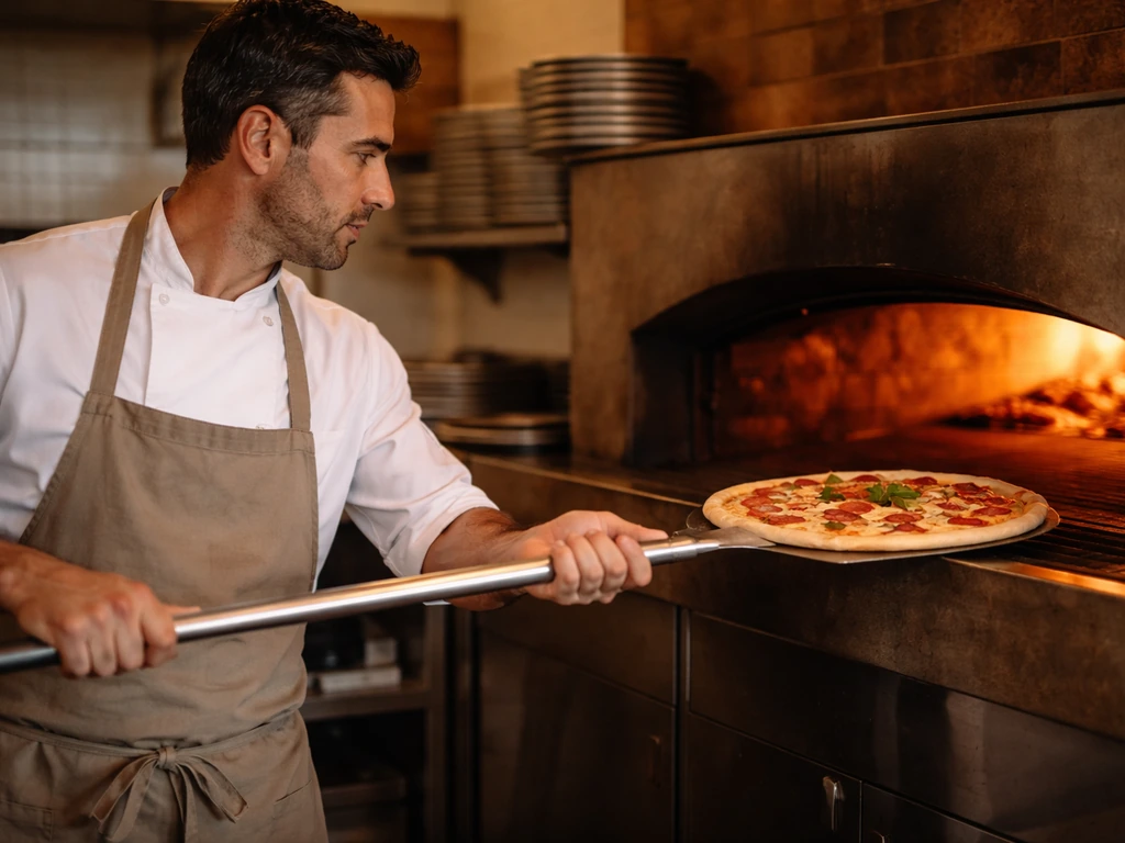 Italian chef in a Long Beach-style pizzeria kitchen, hands near a pizza peel, warm oven glow