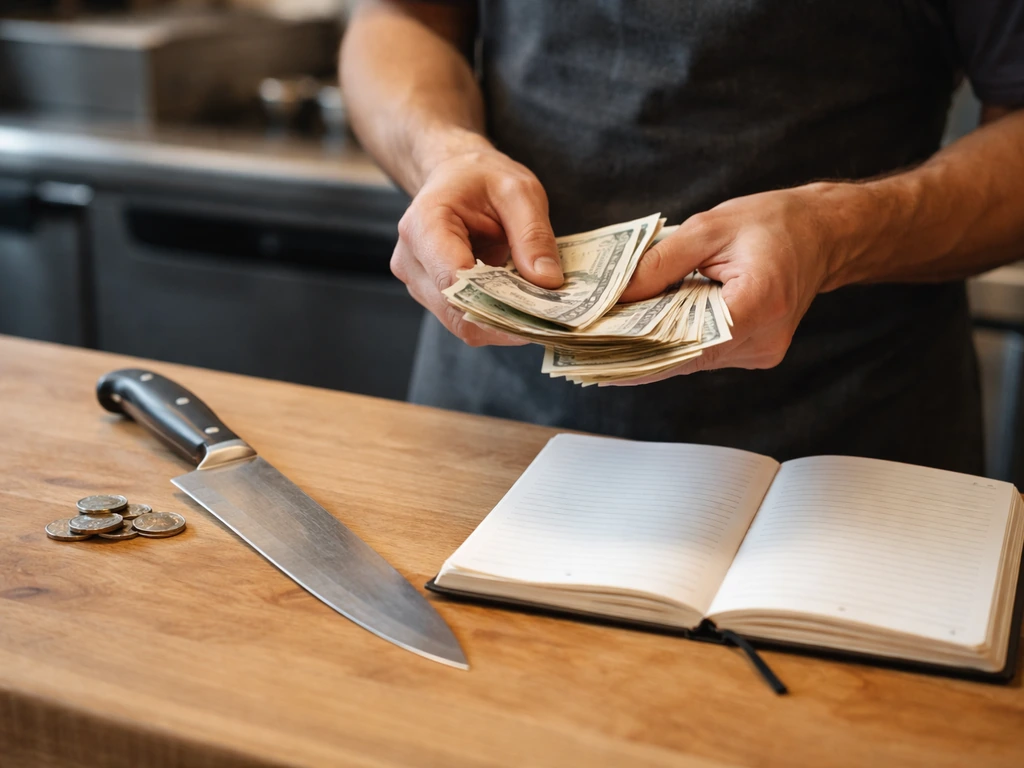 Hands counting cash beside a chef’s knife on a small restaurant counter, symbolic of estimated earnings