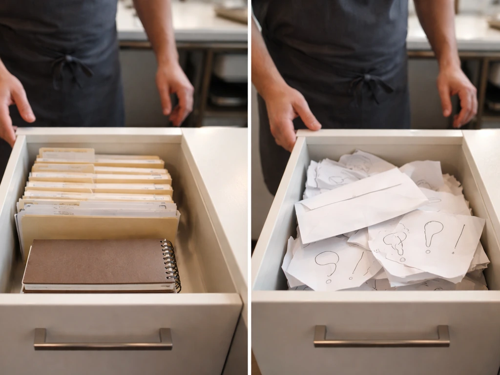 Anonymous chef hands near two open kitchen drawers showing known folders left and unknown papers right.