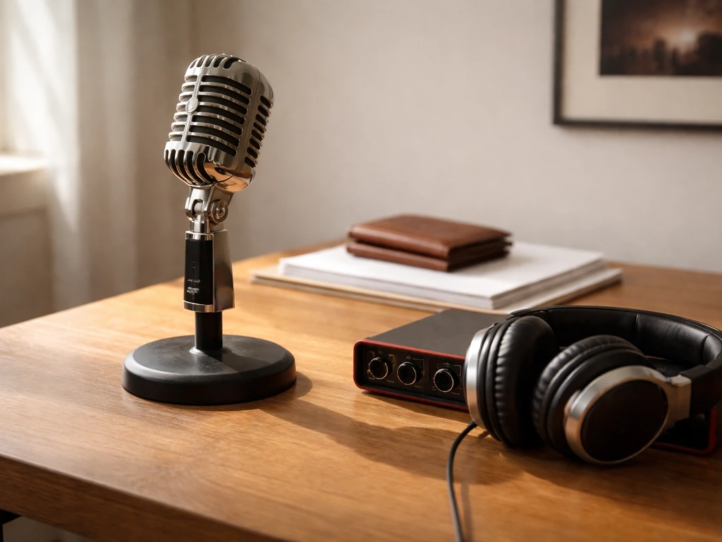 Minimal studio desk with microphone and headphones, plus a wallet—symbolic of music identity and net-worth searches.