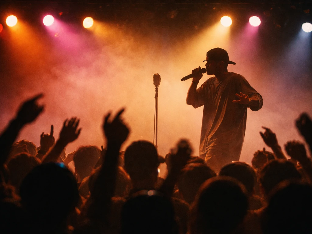 Spotlit anonymous performer at a crowded Latin rap concert stage with raised hands and colorful lighting.