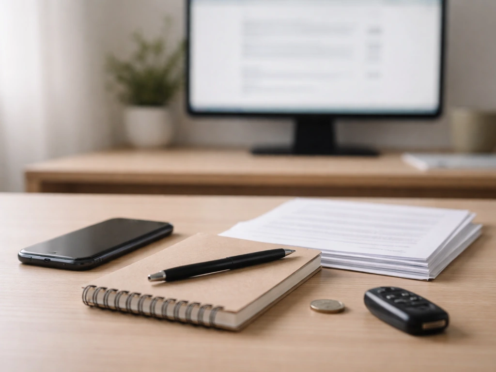 Minimal desk scene with smartphone, notebook, and blurred monitor suggesting verifying updates over time.