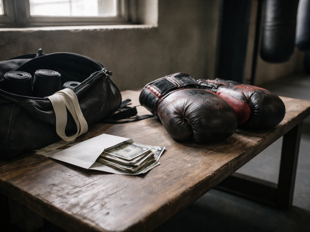 Boxing gloves on a bench with an envelope of cash in a quiet training gym, no people visible.