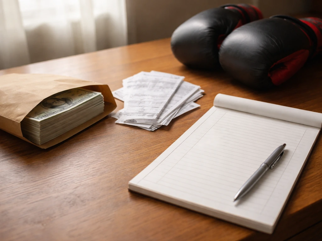 Close-up of boxing purse economy: cash and a split ledger pad showing deductions