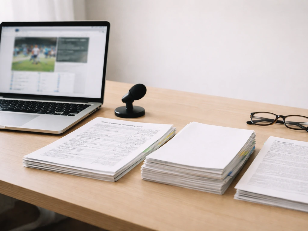 Minimal desk with stacked boxing documents, blurred sports webpage, and research tools for sourcing tiers.