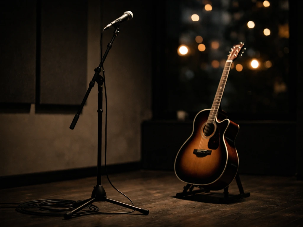 Moody music-themed studio scene with a guitar, cash-like bokeh, and a glowing microphone stand in soft light.