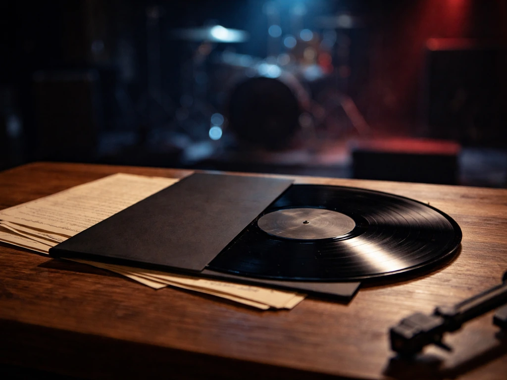 Vinyl record and dark album sleeve on a wooden table with a softly lit music venue background.