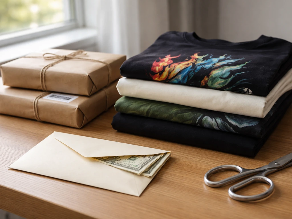 Minimal photo of branded merchandise and a cash envelope on a tidy desk by a window