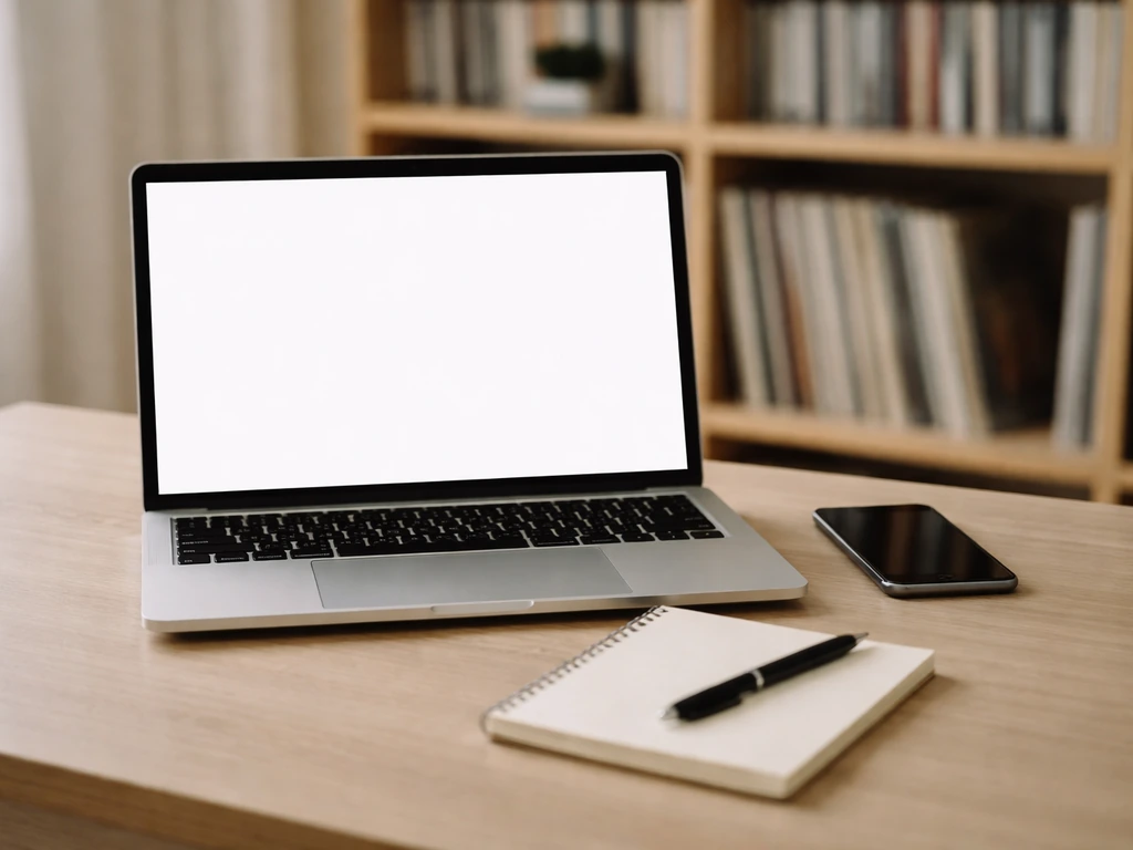 Minimal desk scene with laptop and phone suggesting verifying an online celebrity net worth estimate