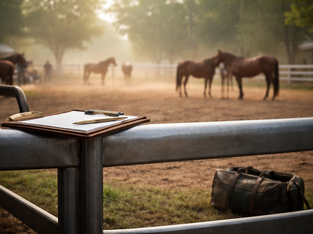 Empty thoroughbred auction paddock with horses blurred in background and a polished auction ring gate
