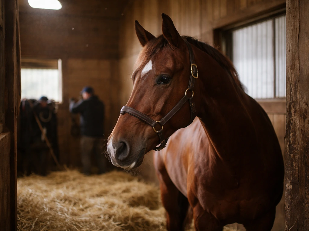 Chestnut thoroughbred in a stable stall with hay bedding, subtle stable staff adjusting tack in background.