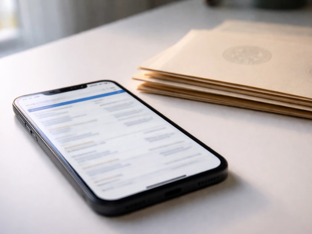 Smartphone on a desk displaying a blurred public-records style page for a BrokerCheck-style check.
