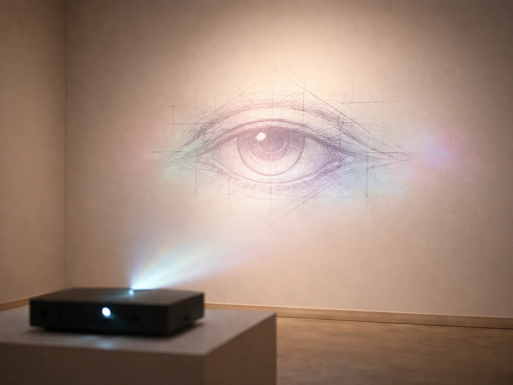 AR art projector casts a Da Vinci–inspired eye glow on a gallery wall.