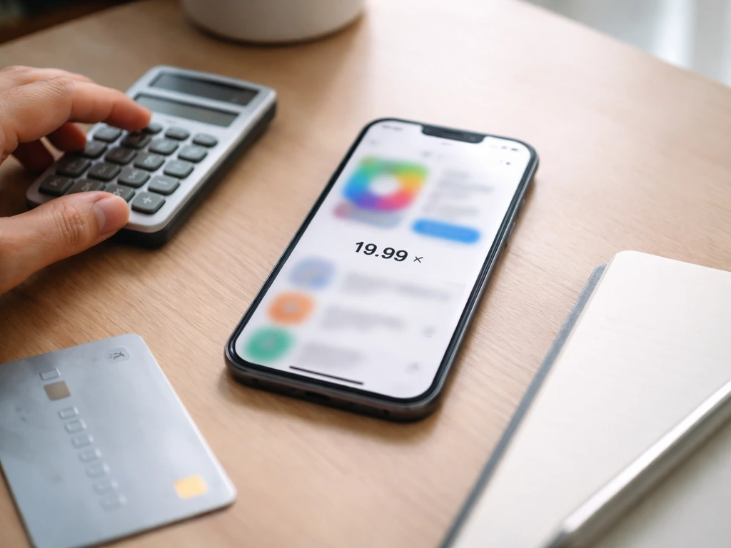 Smartphone and calculator on a desk suggesting app price and download volume for revenue estimation.