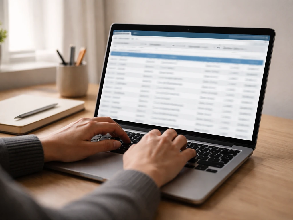 Close-up of hands using a laptop to review a trademark search results page on USPTO-style website.