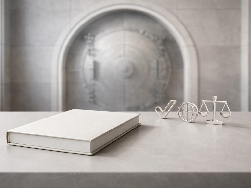 Minimal annual report on a desk with subtle accounting icons beside a blurred vault-style façade.