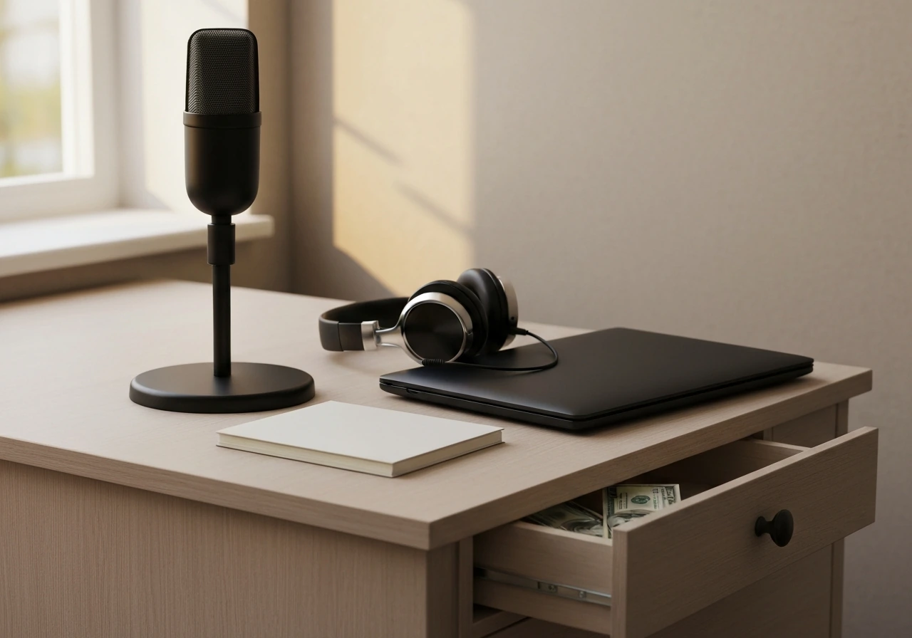 Anonymous music studio scene with microphone, headphones, and cash suggesting an artist identity link.