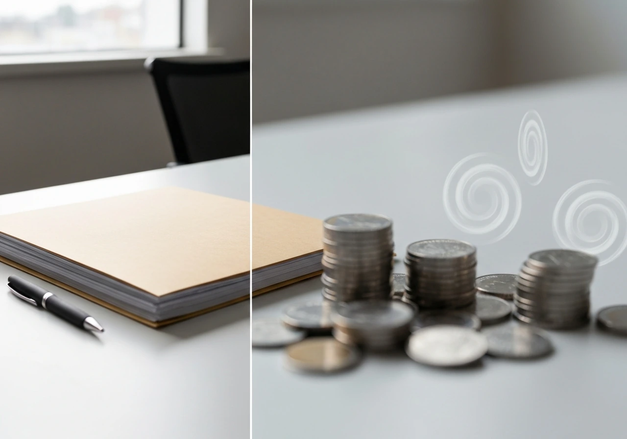 Split scene of a desk with financial documents on one side and blurred speculation on the other, no text.