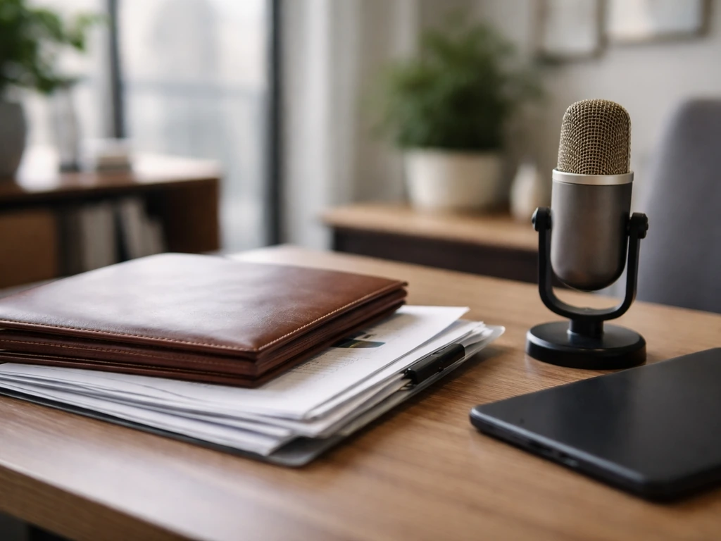 Close-up of a studio desk with a portfolio and business documents beside a microphone.