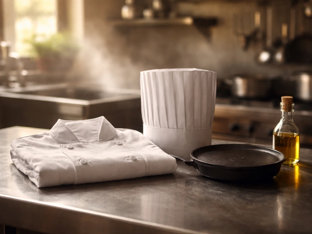 Chef’s jacket and hat on a stainless kitchen counter, symbolizing culinary prestige and public-profile analysis.
