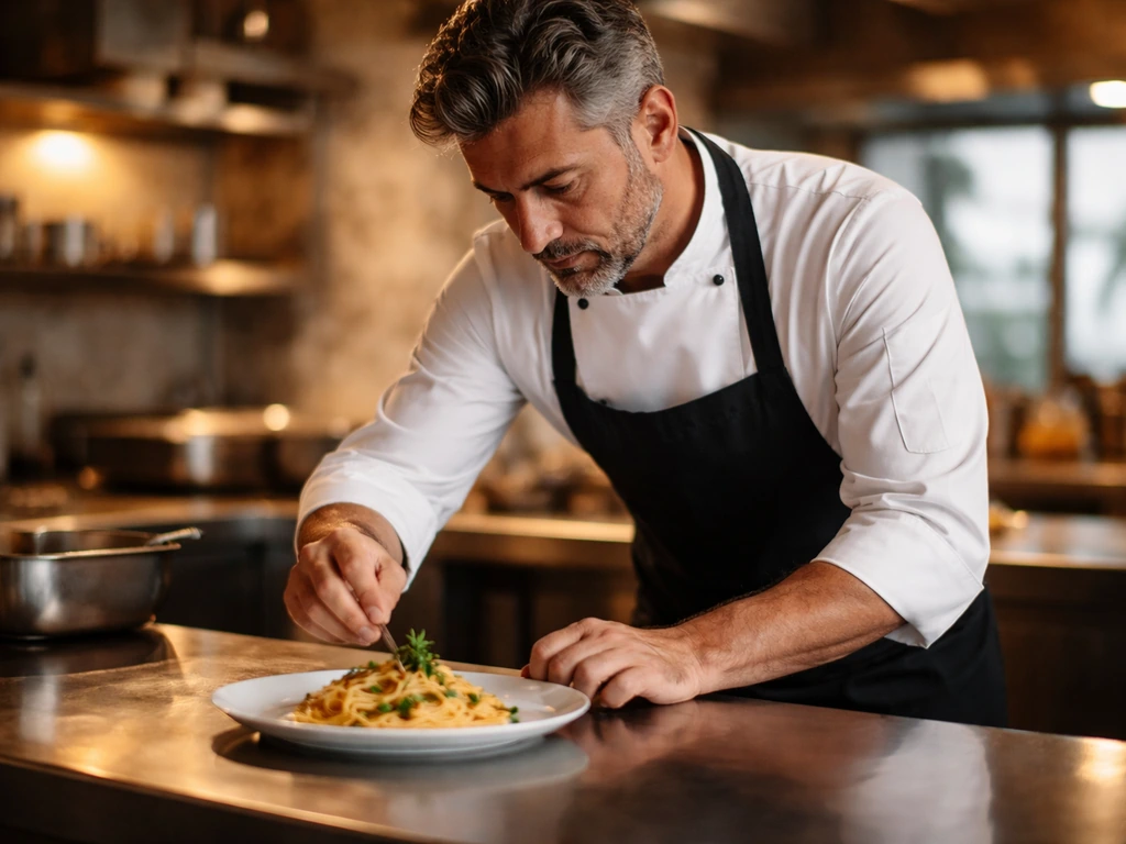 Chef plating a dish in a quiet restaurant kitchen, warm light, minimal background.