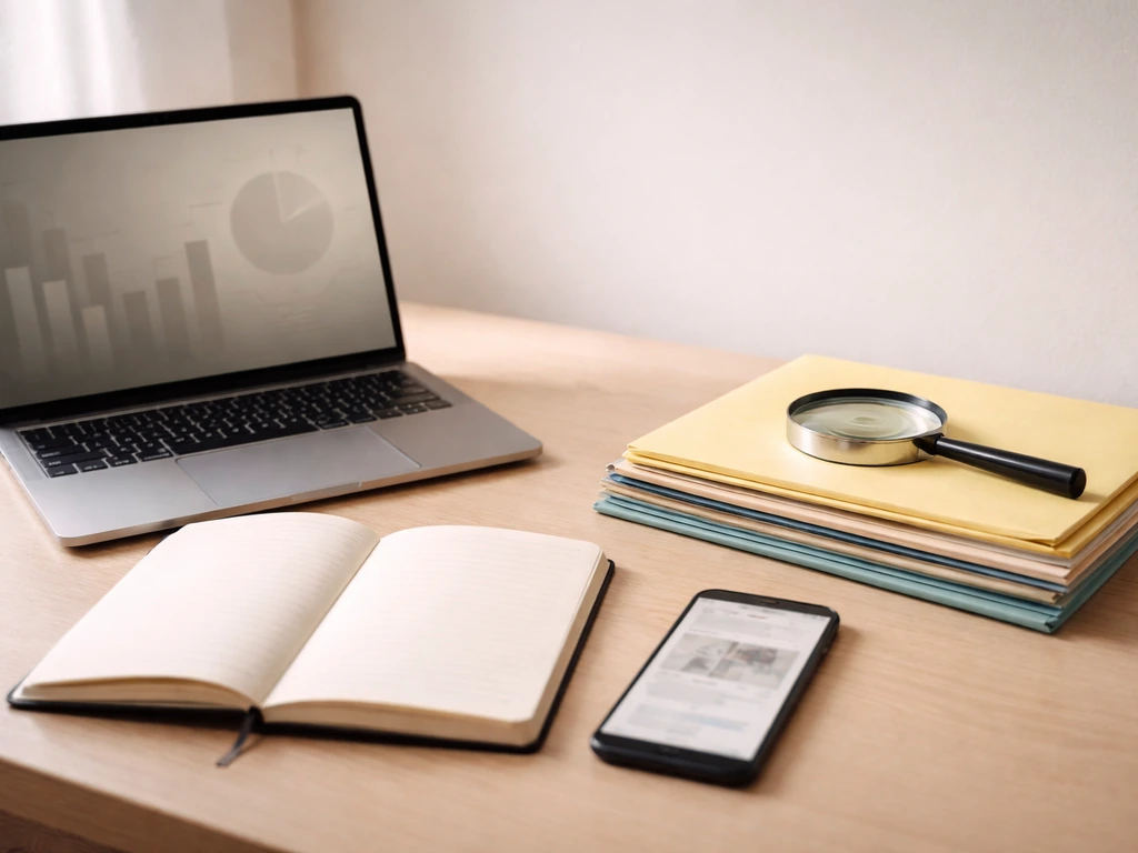 Minimal desk scene with laptop, notebook, folders, smartphone, and a magnifying glass for public-record analysis.