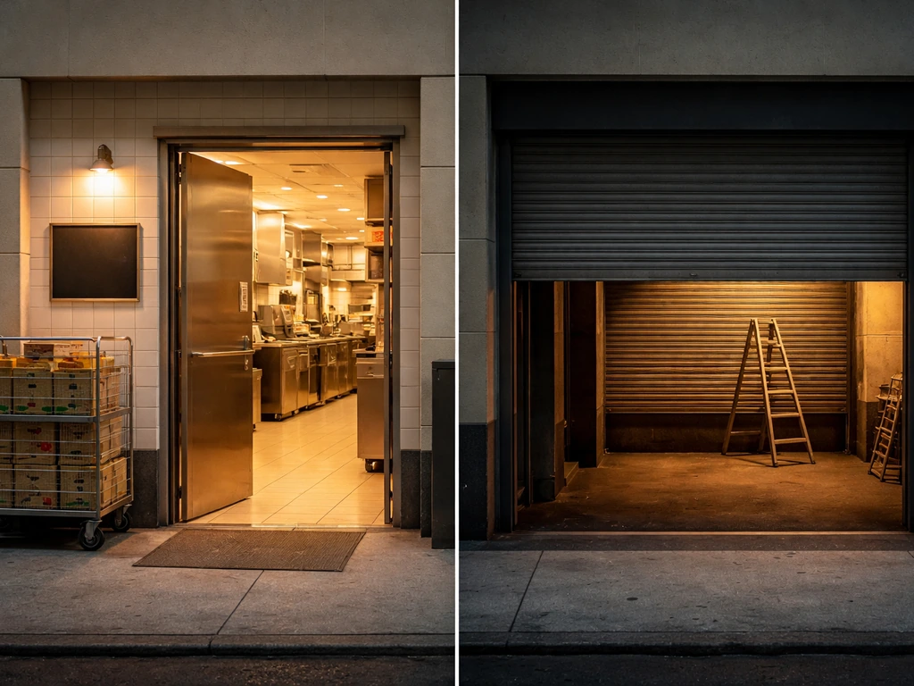Side-by-side comparison of a bright open restaurant entrance versus a closed shuttered storefront.