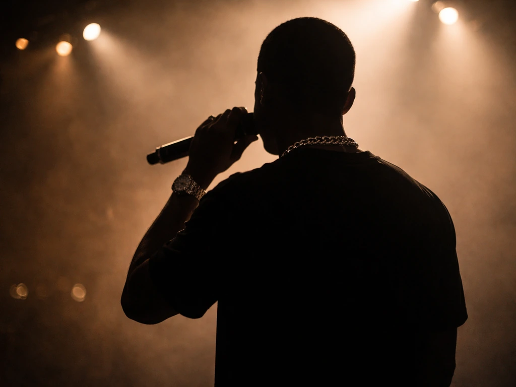Backlit stage performer silhouette with a microphone, evoking a music career and financial analysis theme.