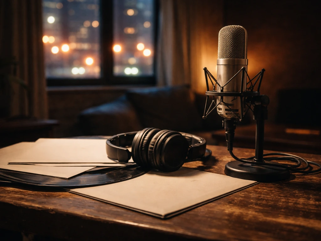 Minimal studio desk with microphone and headphones, moody NYC bokeh in the background, no person present.