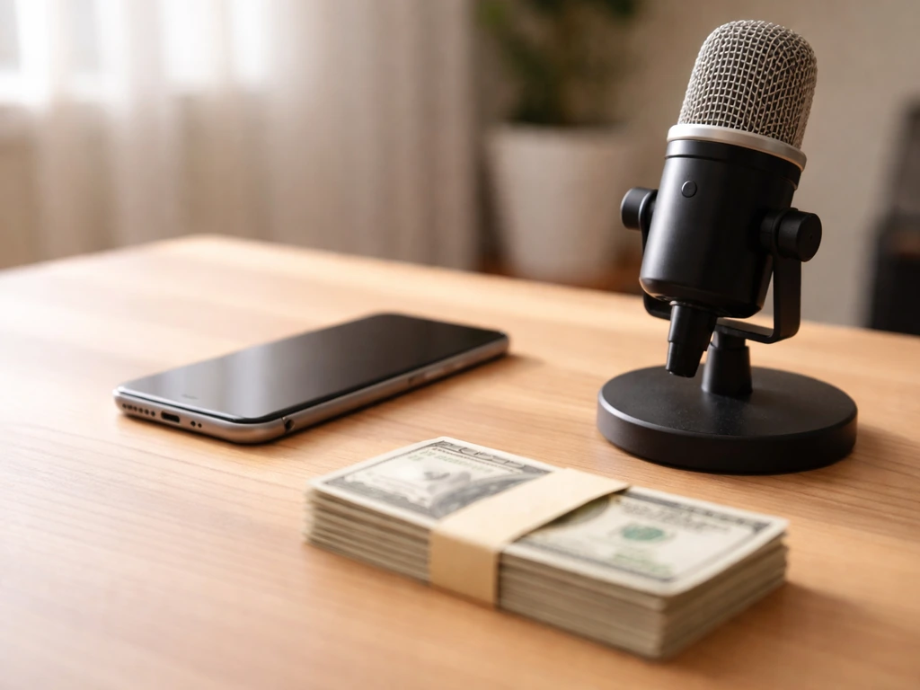 Minimal photo of a smartphone beside a studio microphone and a small stack of cash, symbolizing music revenue sources.