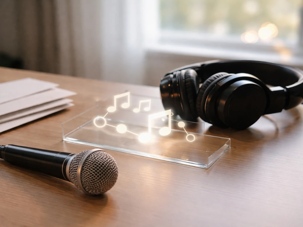 Musical note beside a studio desk with a phone showing royalty collection symbols