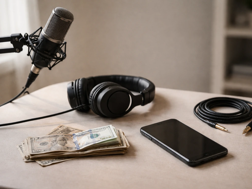 Minimal desk scene with a smartphone, headphones, and scattered cash near a studio microphone