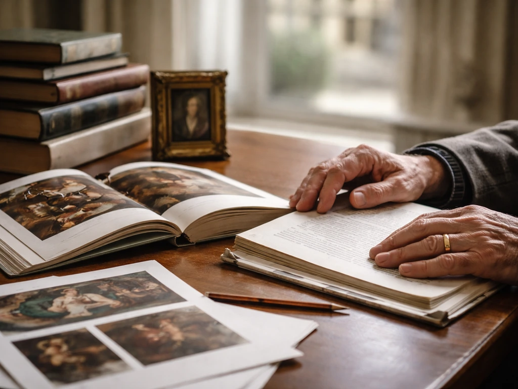 Hands at a desk with art books and gallery pages in a softly lit museum-like setting.