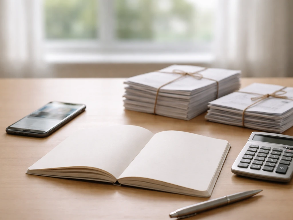 Tidy desk with blank documents, a calculator, and a blurred finance webpage, symbolizing transparent estimate inputs.