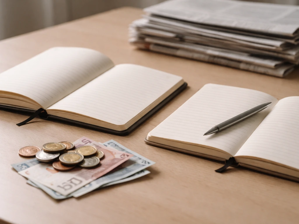 Coins, euros, and open notebooks on a desk with blurred newspapers in the background to suggest differing figures.